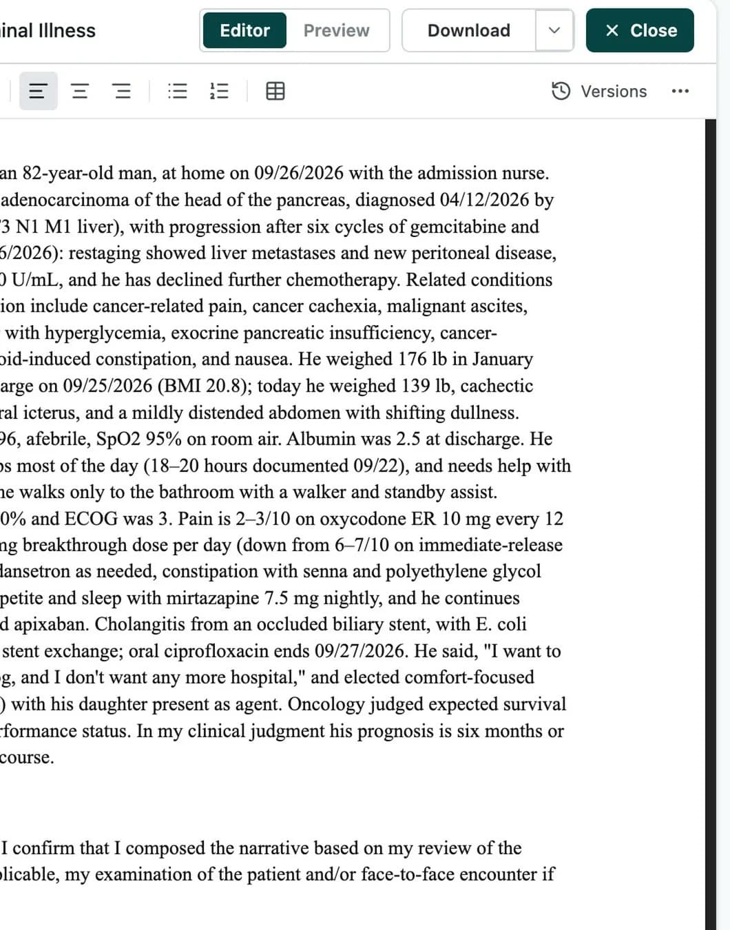 The Medical Director Certification of Terminal Illness drafted in Jubal Med: the physician narrative written from the records, then the attestation.