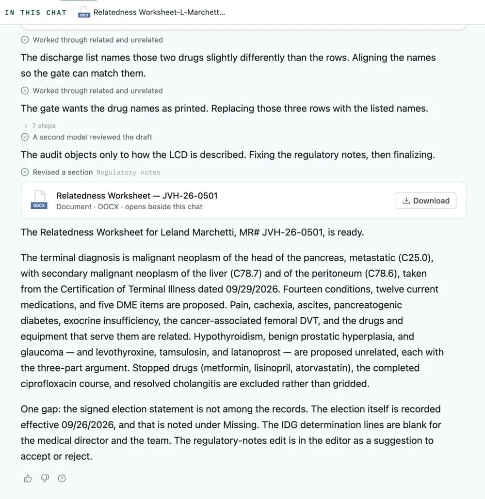 The agent's own account while drafting a relatedness worksheet: aligning drug names so the gate can match them, replacing rows the gate refused, a second model reviewing the draft, fixing the regulatory notes the audit objected to, then the finished worksheet and the one gap it found.