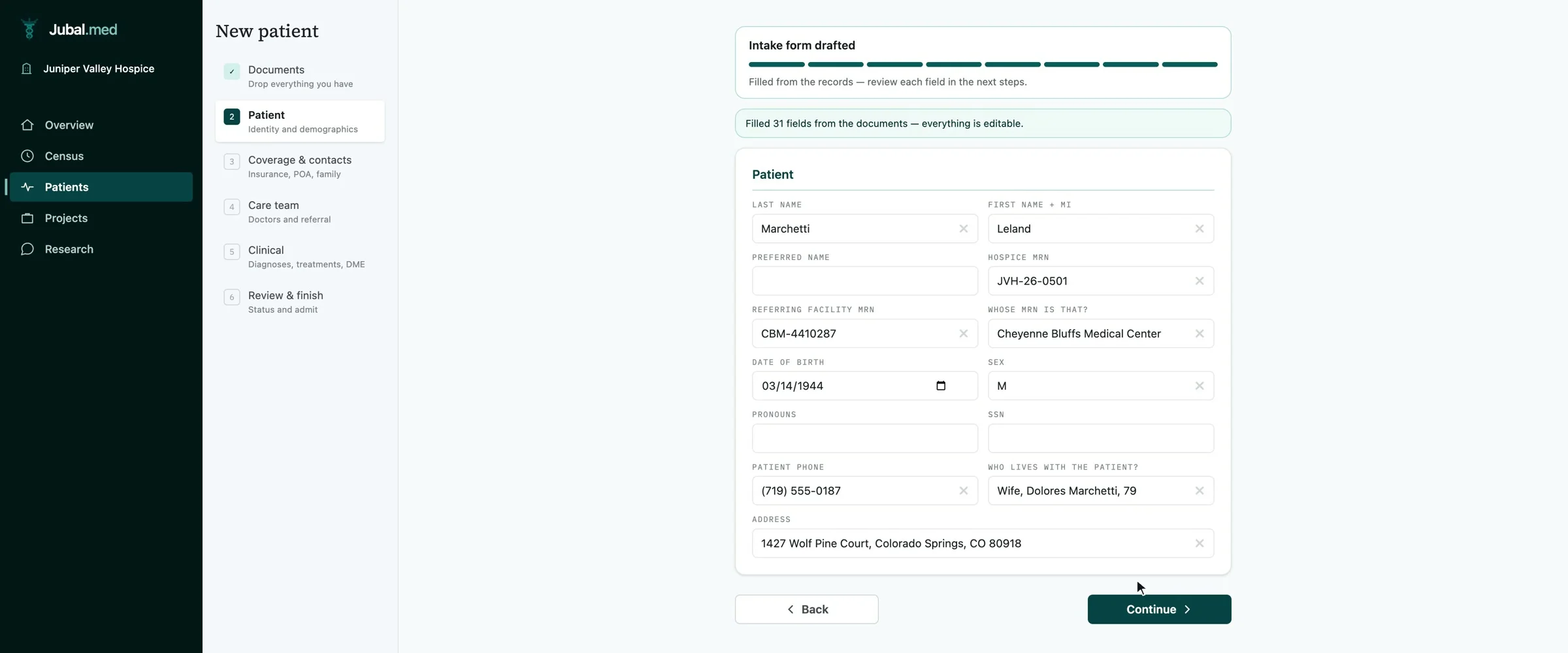 The intake screen in the desktop app, with records being read for a new patient