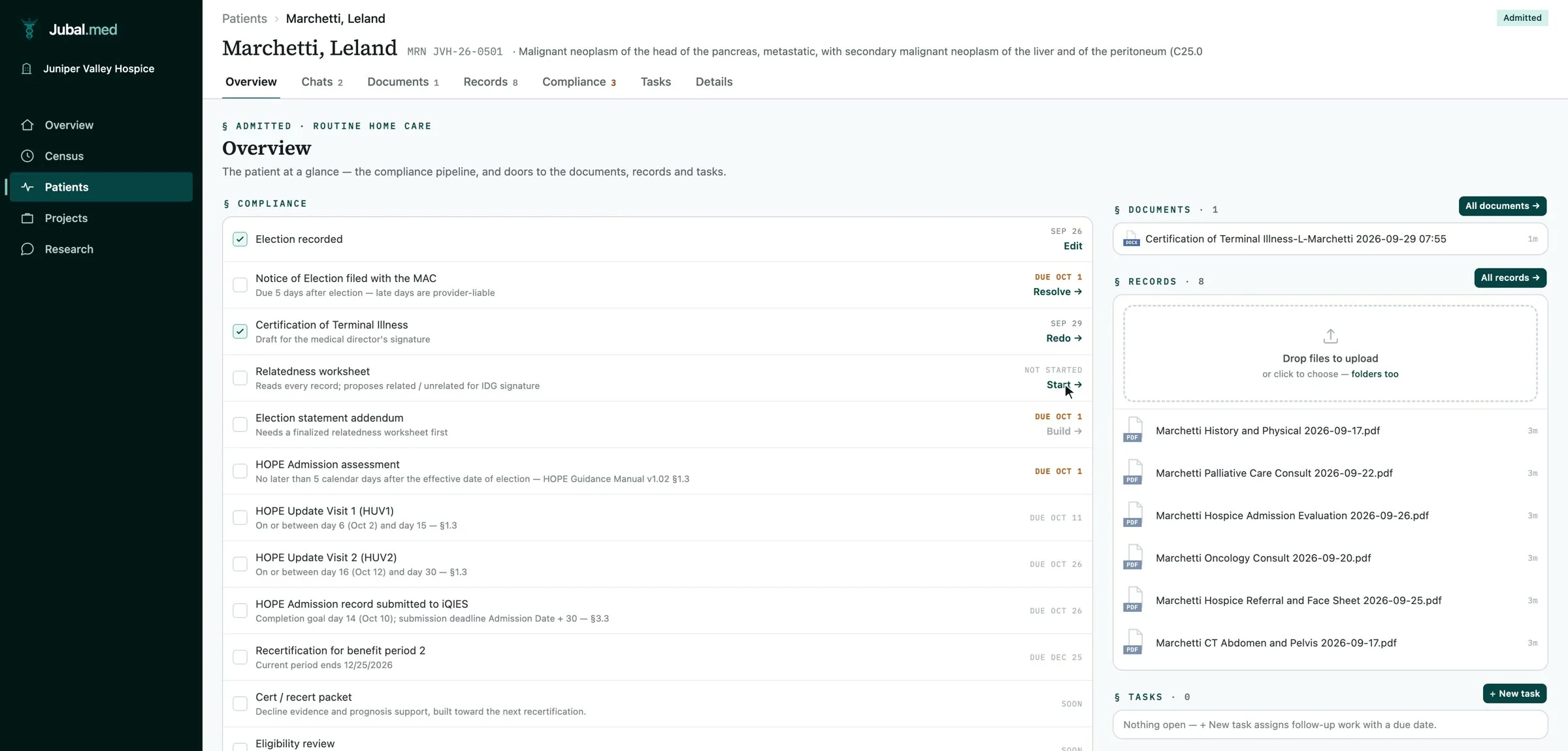 A patient page in the Jubal Med desktop app: the compliance list with the election recorded, the Notice of Election, the certification, the relatedness worksheet, and the election statement addendum due October 1, beside the patient's documents and records.