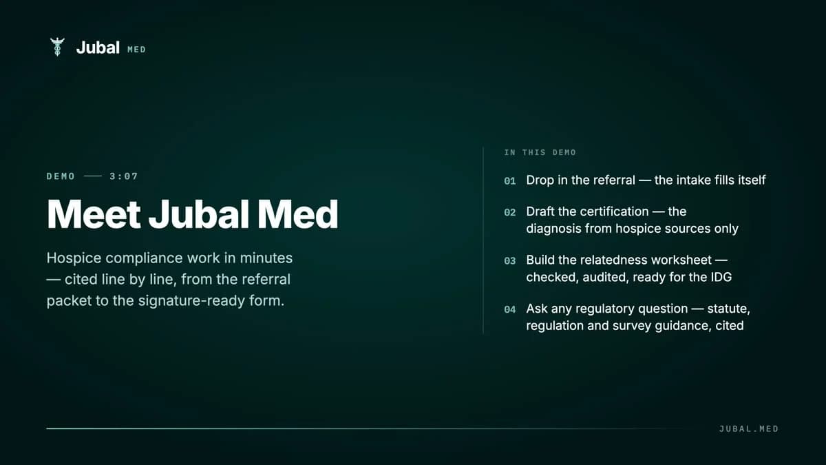 Title card: Meet Jubal Med, a 3-minute demo.