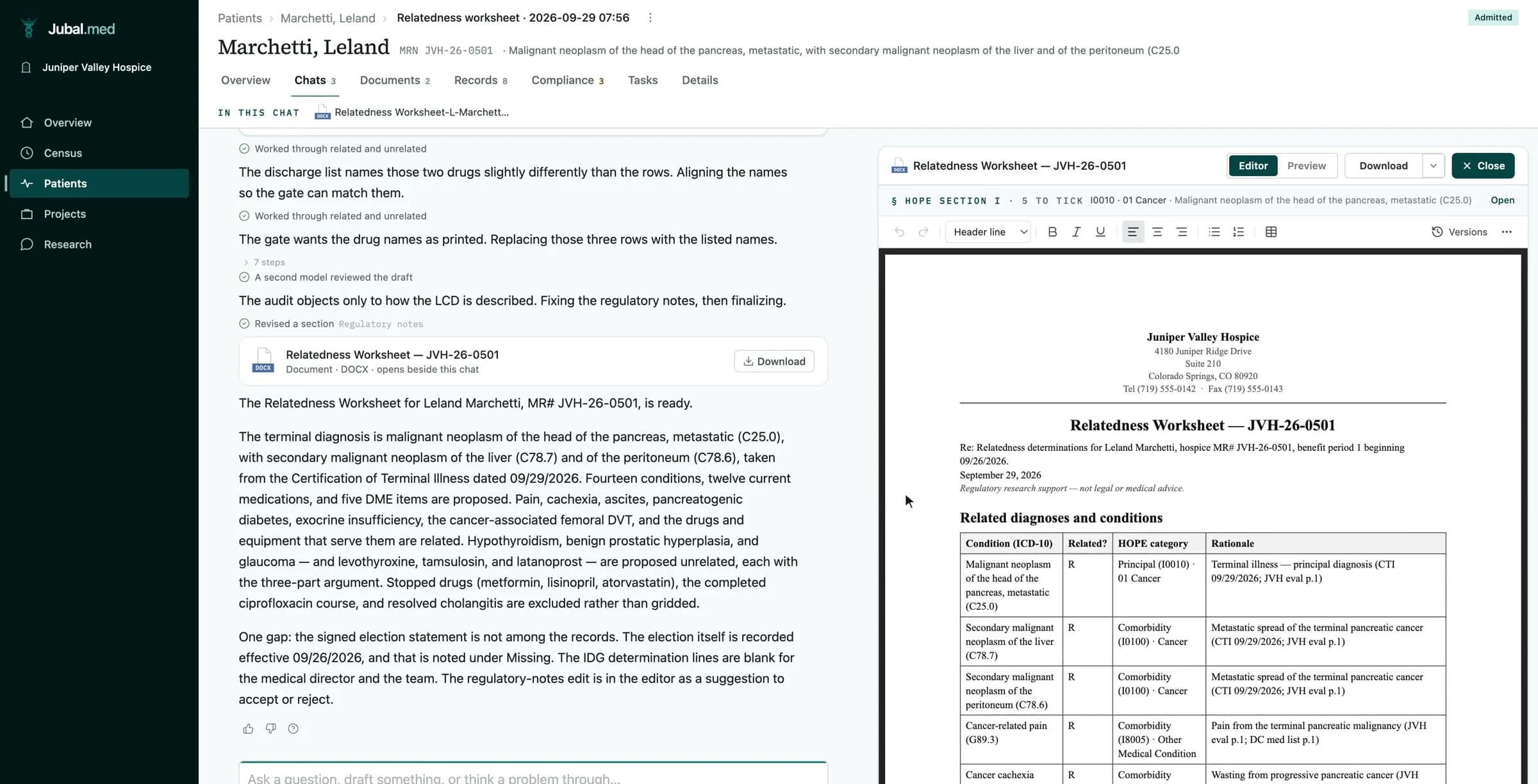 The Jubal Med desktop app: the chat reports the gate and a second model's review, then that the relatedness worksheet is ready, beside the worksheet document with each condition, its HOPE category and a cited rationale.
